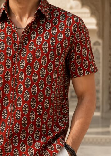 Majestic Man Men's Printed Pure Cotton Casual Shirt | Half Sleeve | Slim Fit | Collared Neck | Sanganeri/Jaipuri/Prints (in, Alpha, 2XL, Plus, Bright Rust)