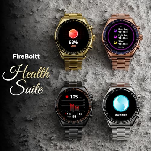 Fire-Boltt Moonwatch 36.3mm (1.43 inch) AMOLED Display, Wireless Charging, Metallic Frame, Stainless Steel Luxury Straps, Complete Health Suite, Bluetooth Calling, Sports Modes (Gold)
