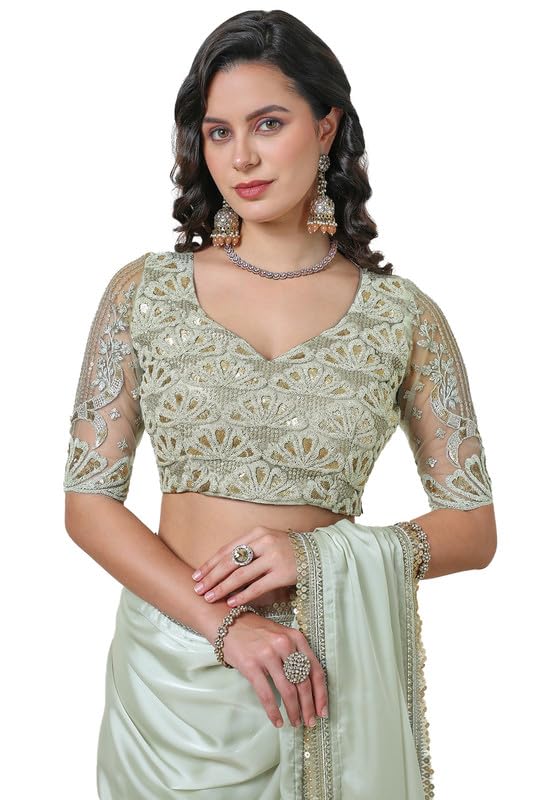 Soch Womens Light Green Organza Saree with Sequin Lace Border