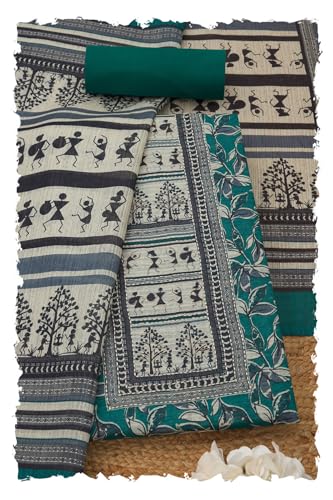 Soch Womens Teal Green Art Tussar Floral Print Unstitched Dress Material With Zari