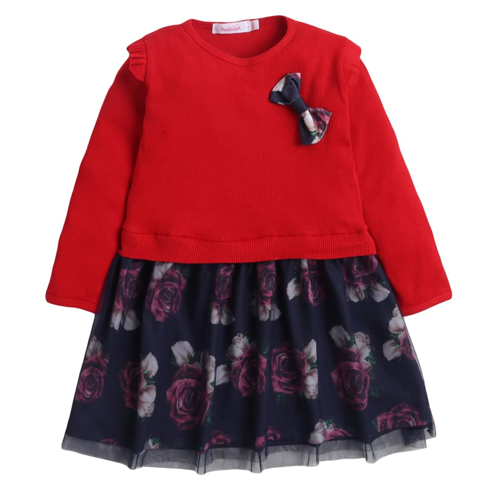 Hopscotch Girls Cotton Floral Cotton Fit and Flare Dresses In Red Color For Ages 3-4 Years (OTH-2138790)
