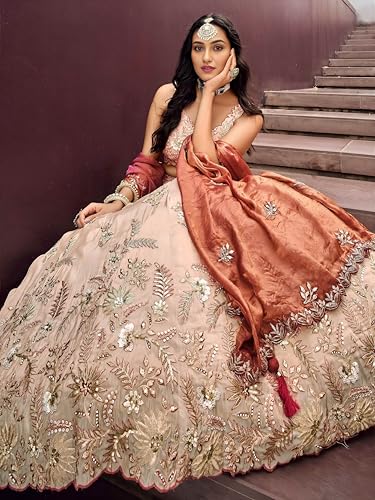 Zeel Clothing Women's Dori, Sequins and Thread Embroidered Work Cosmos Silk Lehenga Choli With Dupatta (6019-Copper-Women-Lehenga-Choli-Latest; Free size)