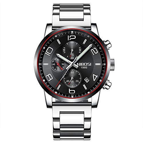 NIBOSI Chronograph Quartz Stainless Steel Mens Wrist Watch (Black Color Dial and Silver Color Strap