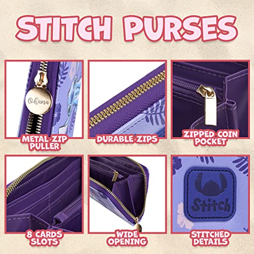 Disney Stitch Purse for Women Teenagers Girls, Zip Around Coin Purse with Card Slots, Travel Wallet - Stitch Gifts for Women, Purple Stitch, One Size, Zippered