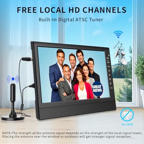 ZOSHING 12inch Portable TV,Small TV with Aerial,Recharge battery,Digital T2 Tuner and HDMI,USB/TF slot and 12v charge cable/AC adapter