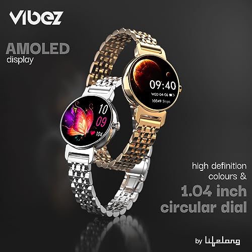 Vibez by Lifelong Ruby 1.04" AMOLED Smartwatch for Women with Metal Strap, Bluetooth Calling, 60 Hz Always on Display, Voice Assistance, Female Cycle Tracker, IP68, Health Monitor(Gold, VBSW2214)