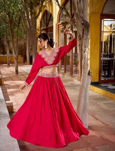 LooknBook Art Women's Lehenga Choli, Vichitra Silk with Embellished Crop Top, Traditional Indian Ethnic Wear (Pink)