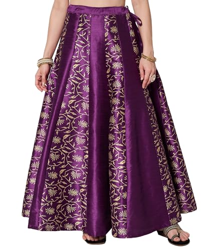 studio rasa Women's Dupion Block Printed Kalidaar Skirt for Wedding Festive Party(SKTC62509S_Purple_Small)