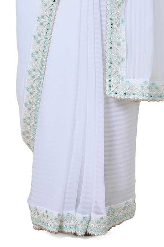 Soch Womens White Striped Georgette Saree