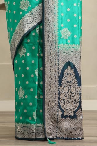 Soch Womens Teal Viscose Botanical Zari Woven Saree With Stone Work