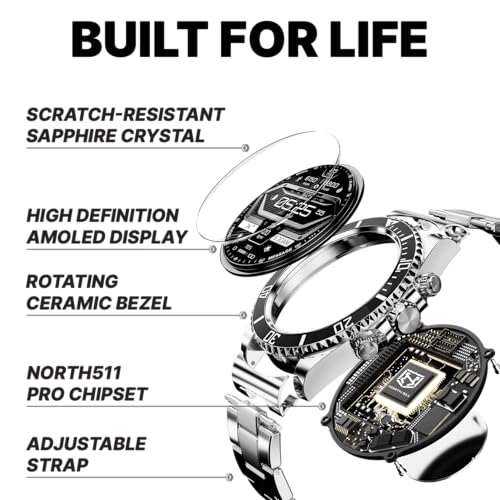 Deedlite Nexus Pro Smartwatch for Men, Rugged Titanium Design, Bluetooth Calling, Health Monitor, Compatible with iOS Android (Onyx)