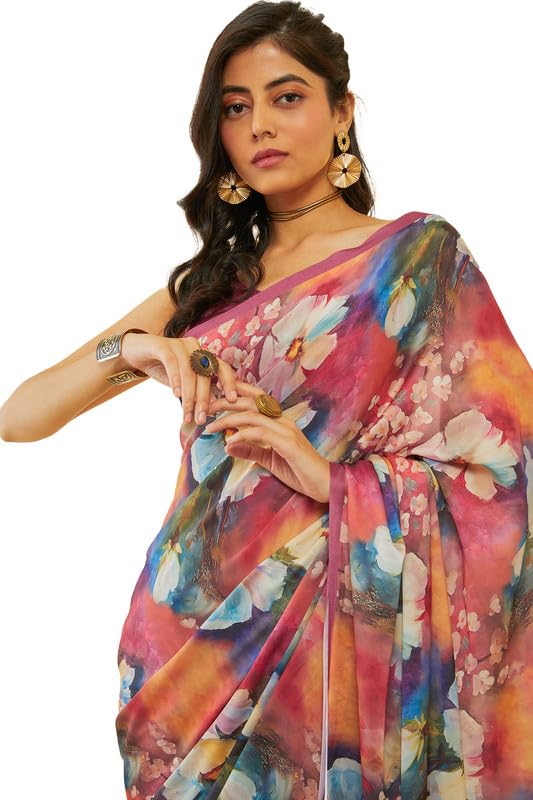 Soch Womens Onion Pink Floral Print Crepe Saree