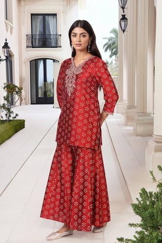 W for Woman Red Bandhni Print Zari Embellished Straight Art Silk Kurta with Sharara and Dupatta Set (WS13171-126692-2XL)