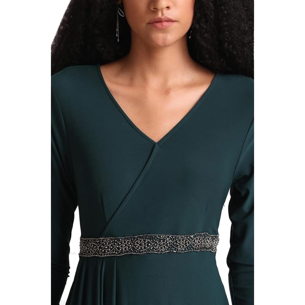 Kazo Embellished Polyester Blend Round Neck Women's Maxi Dress (Green,Small)