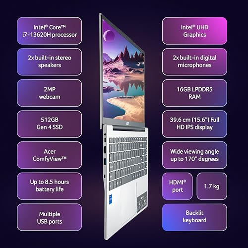 acer Aspire Lite, 13th Gen, Intel Core i7-13620H Processor, 16GB RAM, 512GB SSD, Full HD IPS,15.6"/39.62 cm, Windows 11 Home,MS Office Pure Silver, 1.70 kg, AL15-52H, Backlit kB,Thin and Light Laptop