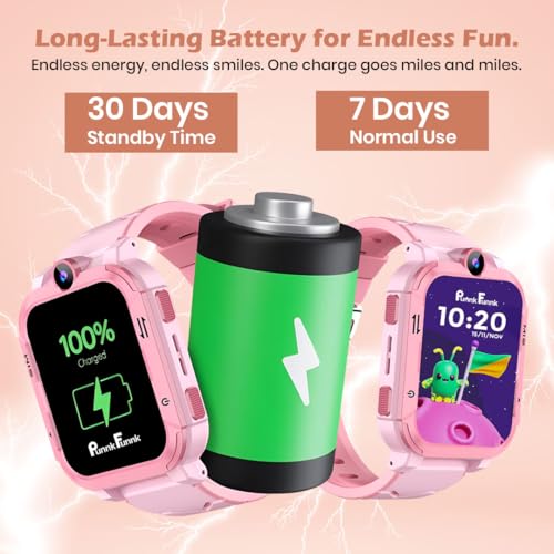 PunnkFunnk Safeguard Kids Smart Watch 5G/4G with SIM Calling, GPS Tracker, Video Calling, SOS Alerts, Face Unlock, Voice Chat, Games, IP67 Waterproof, 800mAh Battery (Pink)