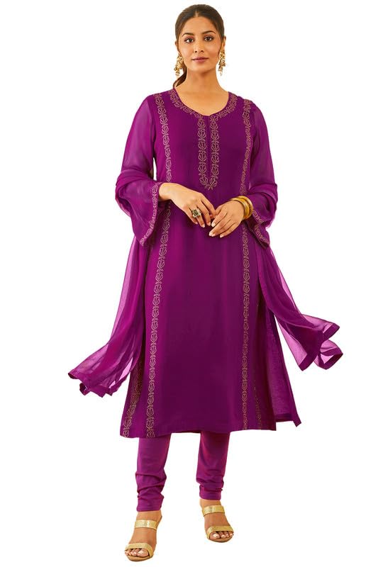 Soch Womens Magenta Embellished Georgette Suit Set with Dupatta