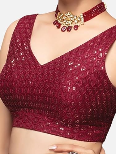 Biyu Women's Silk Sequinned V-Neck Readymade Saree Blouse (Maroon, 42)
