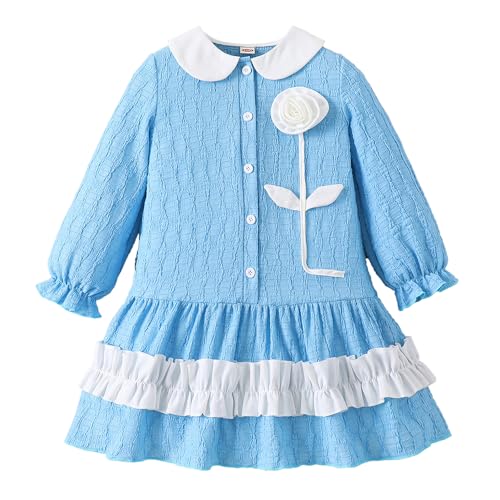 Hopscotch Girls Blue Full Sleeves Floral Applique A-line Dress for Age (6-7 Years)