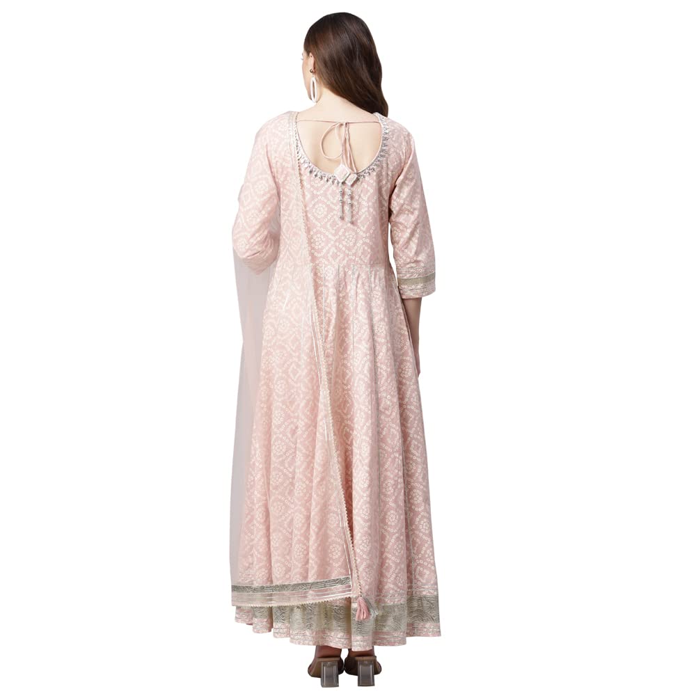 Divena Light Pink Cotton Anarkali Gown Pant set with Net Dupatta