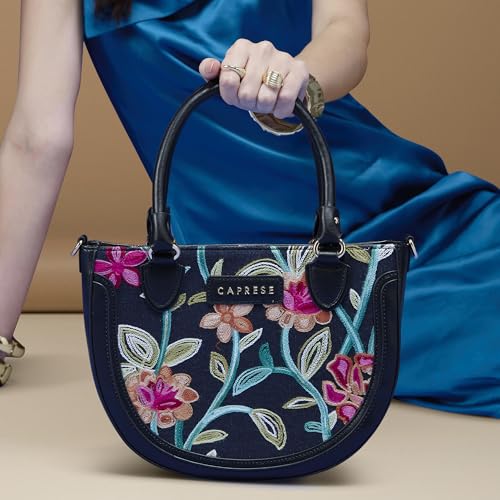 Caprese Elsa Medium Satchel Bag for Women with Adjustable & Detachable Strap | Elegant Embroidery Faux Leather Handbag | Multi-Compartment Crossbody Shoulder Bag for Special Occasions (Black)