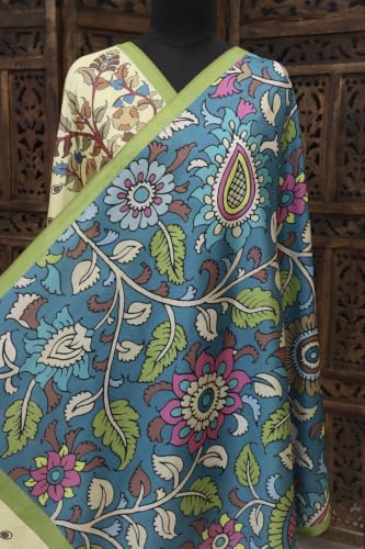 SHANTVAN GALLERY Women’s Malai Silk Dupatta | Floral & Kalamkari Prints Traditional Ethnic Wear | Soft, Lightweight Designer Stole with Tassel Border for Suit, Kurti & Festive Gowns | Bright Turquoise