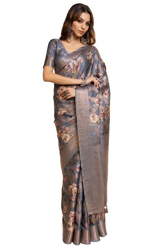 Soch Womens Grey Tussar Floral Print Saree With Tassels