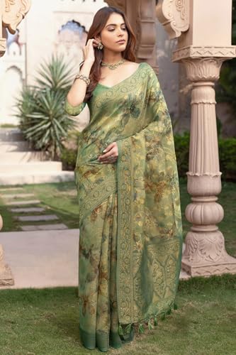Soch Womens Light Green Chanderi Floral Print Saree
