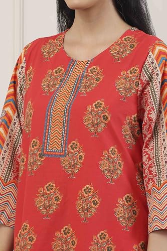 Biba Women Red Cotton Straight Suit Set_32