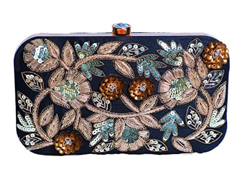 SWISNI Women's Elegant Flower Zardosi Embroiery Black Clutch | Raw Silk | 8X4 Inch Clutch Purse For Bridal, Casual, Party, Wedding, Evening, Gift