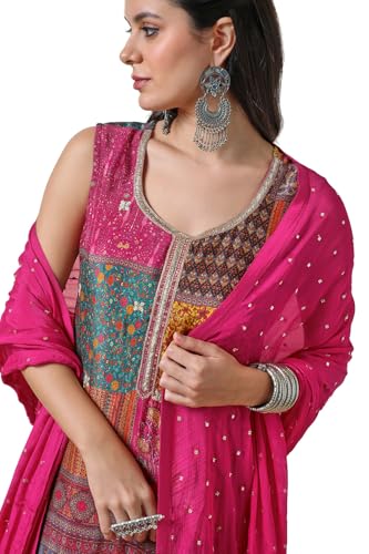 Soch Womens Fuchsia Chinon Abstract Print Suit Set With Zardosi