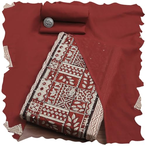Biba Women Rust Cotton Hand Block Print Unstitched Suit Set_FREE SIZE