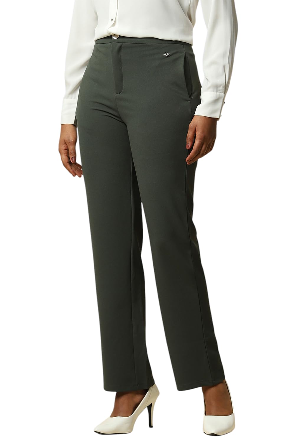 Women Olive Regular Fit Solid Formal Trousers