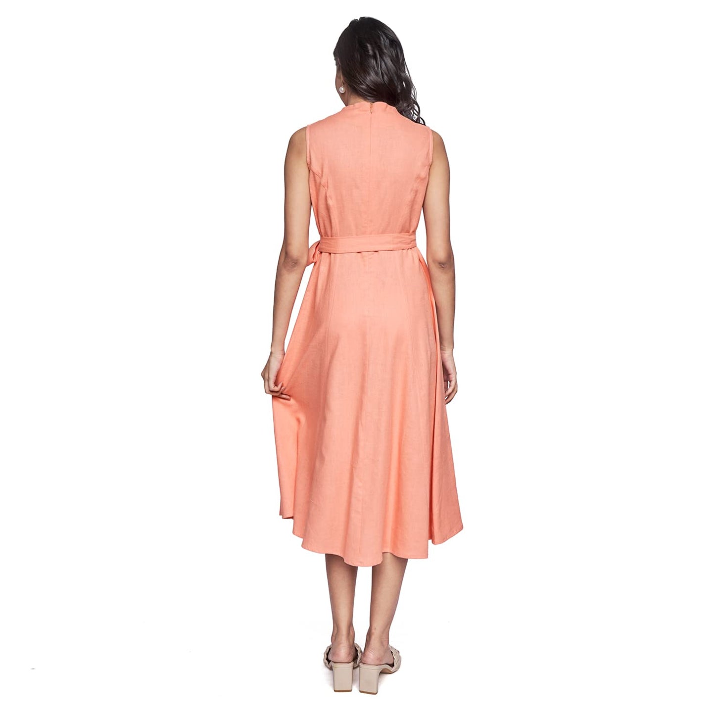 AND Women's Linen Fit Flare Calf Length Dress (EE22AB069DRLV_Peach_16)