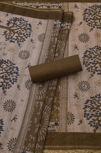 Soch Womens Beige Chanderi Warli Print Unstitched Dress Material With Sequins