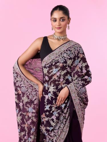 MOHEY Women's Georgette Stone Work, Thread Work & Zari Saree with Blouse Piece (Purple)