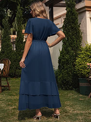 Simplee Womens Summer Chiffon Wrap Casual Maxi Ruffle Split Dress Flowy Bridesmaid Wedding Party Evening Cocktail with Belt, Ruffle-navy Blue, XL