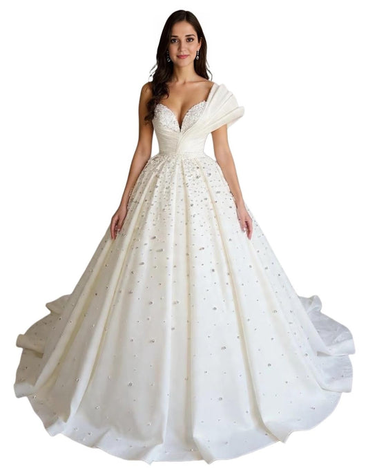 ThreadTexture Designer Pearl Embellishment Luxurious Wedding Ball Gown (in, Alpha, XS, Regular, White, Designer Shivay)
