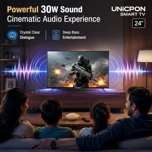 UNICRON 24 Inch Android Smart TV, HD LED Television with Bazeless Design, 30 Watt Sound Speaker, WiFi Enabled & IPS A+ Display Panel HDR Support, Netflix, Prime Compatible