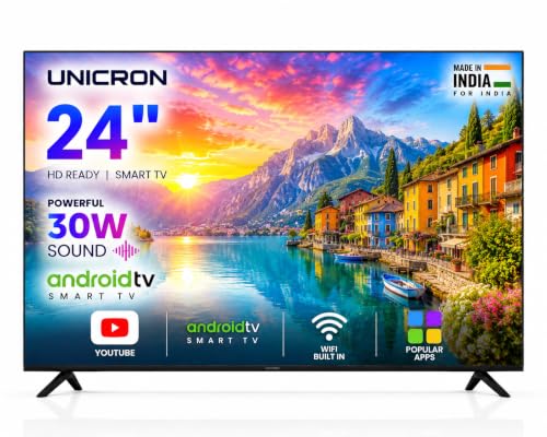 UNICRON 24 Inch Android Smart TV, HD LED Television with 30W Sound Speaker, WiFi Enabled, Frameless Design & IPS A+ Display Panel, Gaming, Screen Mirroring & Mobile Connectivity