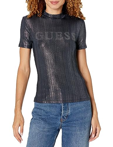 GUESS Women Blue Embellished High Neck Short Sleeves Top