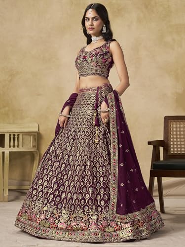 Zeel Clothing Women's Sequins and Thread Embroidered Work Georgette Lehenga Choli With Dupatta (5134-Women-Lehenga-Choli-Latest; Free size) (Maroon)