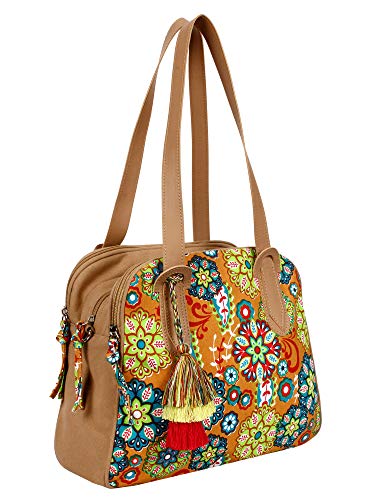Anekaant Florid Printed Canvas & PU Shoulder Bag Beige & Multi