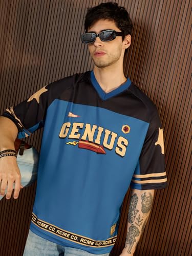 The Souled Store Looney Tunes: Genius Men and Boys Short Sleeve V-Neck Blue Graphic Printed Sporty Casual Lightweight Drop Shoulder Quick Dry Streetwear Trendy Oversized Jerseys
