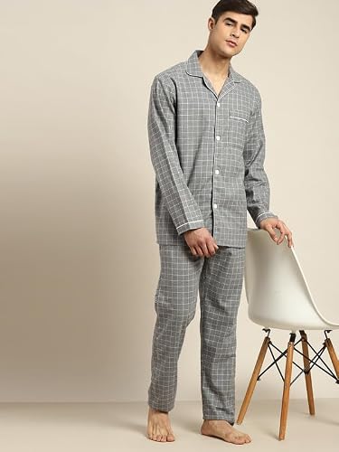 Hancock Men Cotton Checked Pyjama Set Grey Size M
