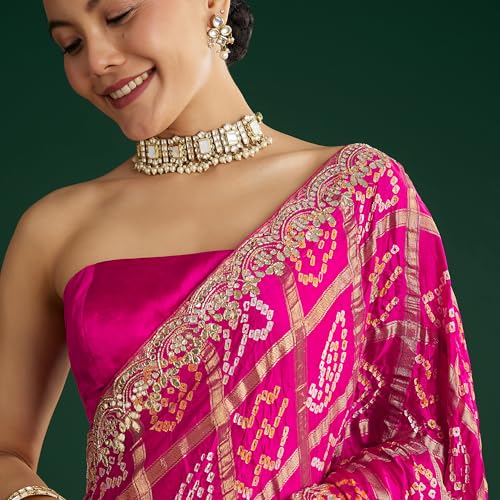 KALKI Fashion Pink Bandhani Saree With Gota Work Satin sarees for women
