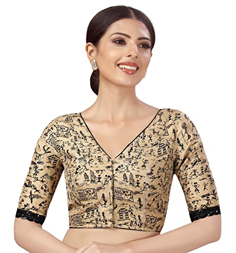 Studio Shringaar Women's Readymade Polyester WarliArt Saree Blouse with Elbow Length Sleeve (Gold, 48)