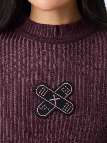 The Souled Store Textured Sweater: Amethyst Women and Girls Full Sleeves Mock Neck Ribbed Knit Acrylic Lightweight Casual Winter Pullover Oversized Sweater