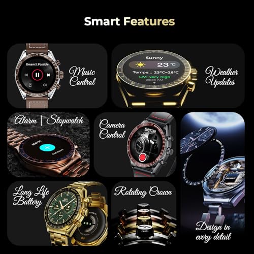 Fire-Boltt Moonwatch 36.3mm (1.43 inch) AMOLED Display, Wireless Charging, Metallic Frame, Stainless Steel Luxury Straps, Complete Health Suite, Bluetooth Calling, Sports Modes (Gold)