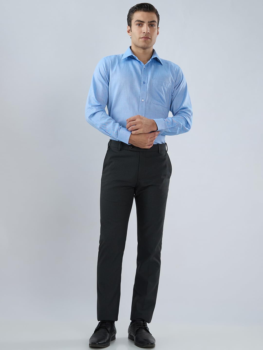 Raymond Men’s Slim Fit Formal Trousers, Poly Viscose Blend, Checked Pattern Design, Office Wear | Dark Grey